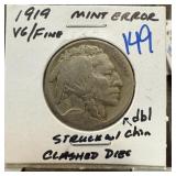 1919 BUFFALO NICKEL STRUCK W CLASHED DIES