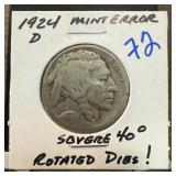 1924-D BUFFALO NICKEL SEVERE ROTATED DIES