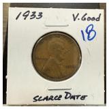 1933 WHEAT PENNY CENT SCARCE DATE