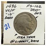 1936 BUFFALO NICKEL FS102 DDO-002 XTRA THICK