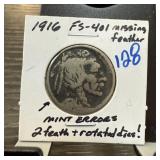 1916 BUFFALO NICKEL FS-401 MISSING FEATHERS
