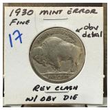 1930 BUFFALO NICKEL REV CLASH W OBV DIE