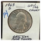 1963-D WASHINGTON SILVER QUARTER UNC ROSE TONED