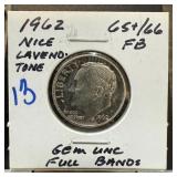 1962 ROOSEVELT SILVER DIME UNC FULL BANDS