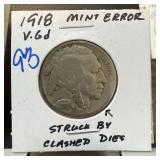 1918 BUFFALO NICKEL STRUCK BY CLASHED DIES