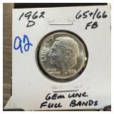 1962-D ROOSEVELT SILVER DIME UNC FULL BANDS