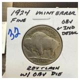 1924 BUFFALO NICKEL REV CLASH W OBV DIE