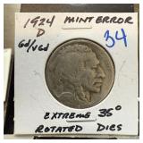 1924-D BUFFALO NICKEL HEAVY ROTATED DIES