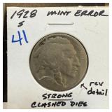 1928-S BUFFALO NICKEL STRONG CLASHED DIES