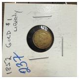 1852 GOLD $1 LIBERTY DOLLAR COIN