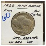 1926 BUFFALO NICKEL MINT ERROR REV CLASH W OBV DI