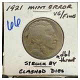 1921 BUFFALO NICKEL STRUCK BY CLASHED DIES