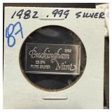 1982 .999 SILVER BULLION BUCKINGHAM INGOT BAR