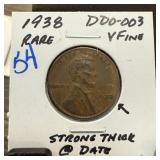 1938 WHEAT PENNY CENT DDO-003 RARE
