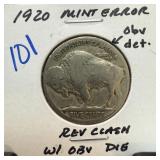 1920 BUFFALO NICKEL REV CLASHED OBV DIE