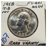 1958 T-B WASHINGTON SILVER QUARTER RARE VARIETY