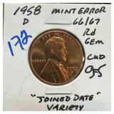 1958-D WHEAT PENNY CENT JOINED DATE VARIETY CUD