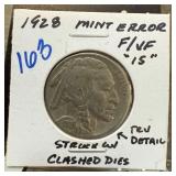 1928 BUFFALO NICKEL STRUCK W CLASHED DIES