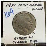 1921 BUFFALO NICKEL STRUCK W CLASHED DIES