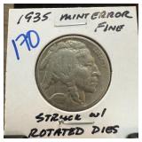 1935 BUFFALO NICKEL STRUCK W ROTATED DIES