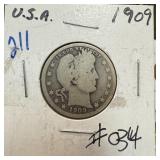 1909 BARBER SILVER QUARTER