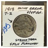 1913 T-2 BUFFALO NICKEL STRUCK THRU PLANCHET