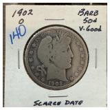 1902-O BARBER SILVER HALF DOLLAR SCARCE DATE
