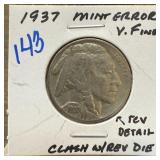 1937 BUFFALO NICKEL CLASHED W REV DIES