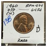 1960-D/D MEMORIAL PENNY CENT RPM-034 RARE