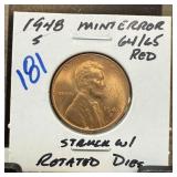 1948-S WHEAT PENNY CENT STRUCK W ROTATED DIES