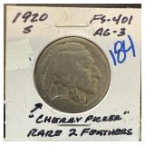 1920-S BUFFALO NICKEL CHERRY PICKER 2 FEATHERS