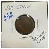 1869 INDIAN HEAD PENNY CENT HARDER DATE
