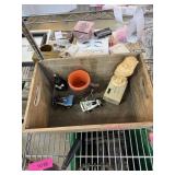 HANDLED WOOD BOX W MISC VINTAGE ITEMS
