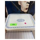 QTY 8 VINTAGE BLUE & WHITE METAL TRAYS QTY 8 VINTAGE BLUE & WHITE METAL TRAYS