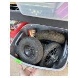 LARGE BIN OF TIRES / WHEELS W OLD MOTOR OIL CAN LARGE BIN OF TIRES / WHEELS W OLD MOTOR OIL CAN
