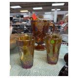 LARGE CARNIVAL GLASS PITCHER W CUPS LARGE CARNIVAL GLASS PITCHER W CUPS