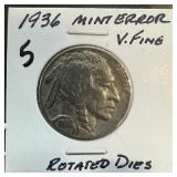 1936 BUFFALO NICKEL MINT ERROR ROTATED DIES 1936 BUFFALO NICKEL MINT ERROR ROTATED DIES