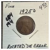 1925-D WHEAT PENNY CENT ROTATED DIE ERROR 1925-D WHEAT PENNY CENT ROTATED DIE ERROR