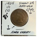 1905 1/1 INDIAN HEAD PENNY CENT SNOW 29 RPD 020 1905 1/1 INDIAN HEAD PENNY CENT SNOW 29 RPD 020