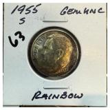 1955-S ROOSEVELT SILVER DIME UNC RAINBOW 1955-S ROOSEVELT SILVER DIME UNC RAINBOW