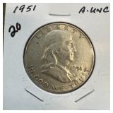 1951 FRANKLIN SILVER HALF DOLLAR AU 1951 FRANKLIN SILVER HALF DOLLAR AU