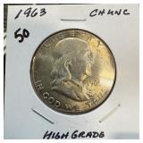 1963 FRANKLIN SILVER HALF DOLLAR UNC HIGH GRADE 1963 FRANKLIN SILVER HALF DOLLAR UNC HIGH GRADE