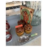 3PC CROCK CONDIMENT JARS HD PAINTED FOLK ART+