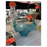 VINTAGE BLUE GLASS HOBNAIL BASKET