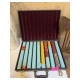 LARGE VINTAGE POKER CHIPS SET W LEATHER CASE