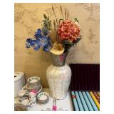 VERY LARGE CAPIZ SHELL VASE W FLORAL ARRANGEMENT