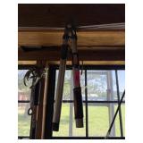 LOT OF MIXED GARAGE ITEMS HANGING SOME TOOLS+