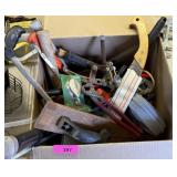 BOX OF HAND TOOLS / SLEDGE / SAWS & MORE