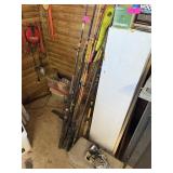 SELECTION OF FISHING RODS W TACKLE BOX AND 2 REEL