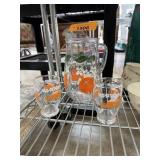 VINTAGE ORANGE GLASS PITCHER & GLASSES